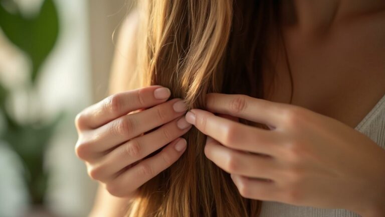 Gros plan sur des mains délicates coiffant une chevelure bouclée et blonde