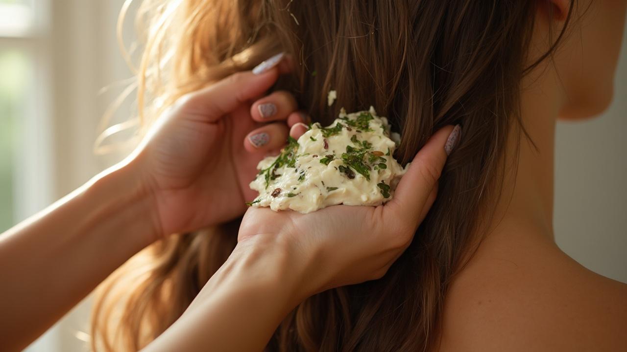 Gros plan d'une main posant des herbes dans les cheveux d'une femme.