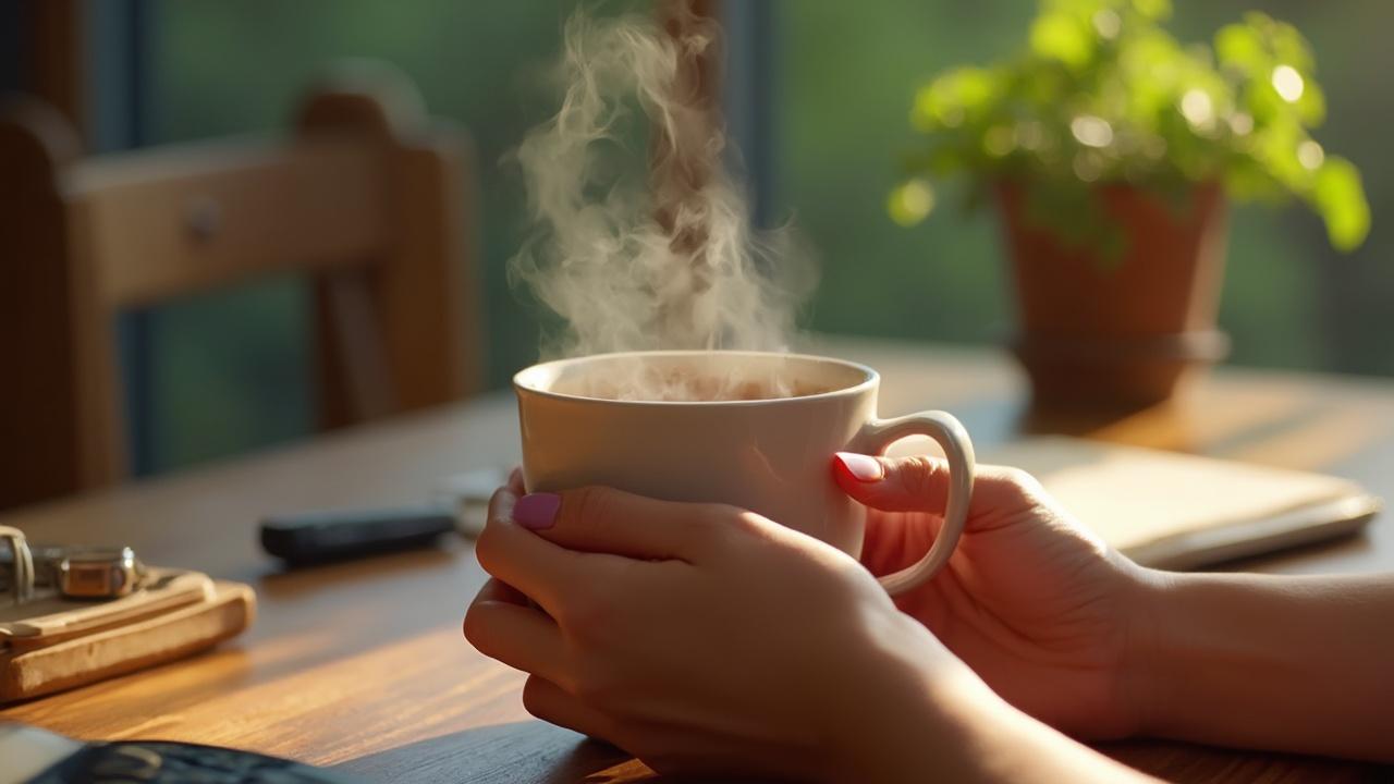 Mains tenant une tasse de café fumante sur une table de travail