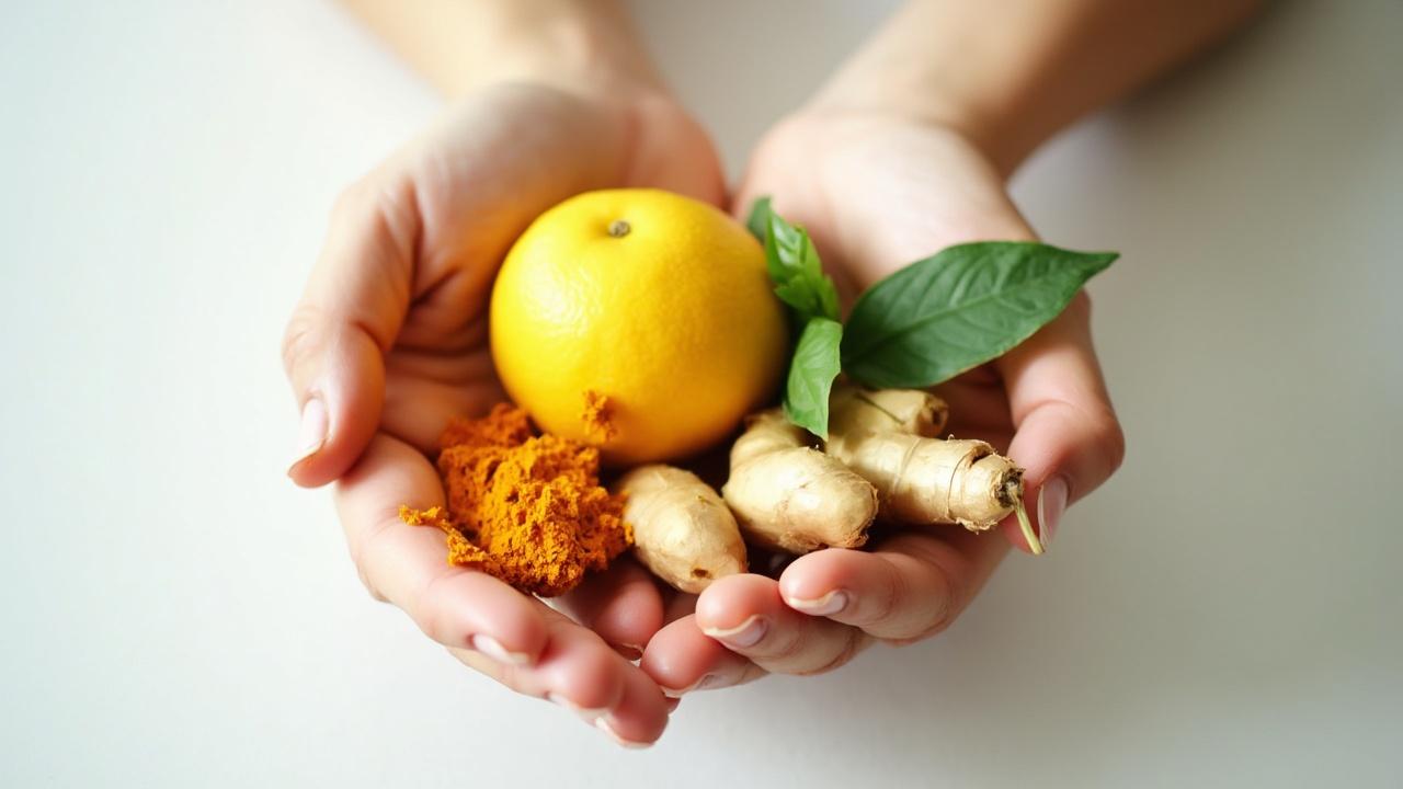 Mains tenant une orange, du gingembre et de la poudre de curry