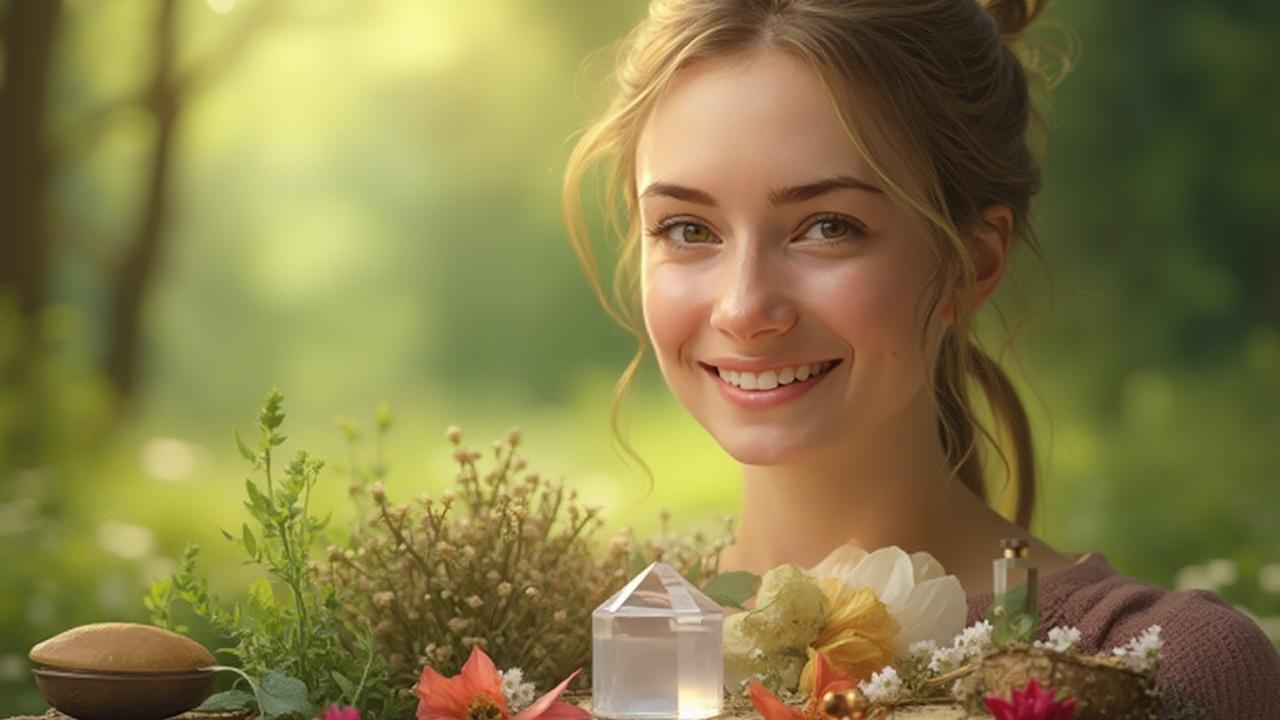 Une femme souriante entourée de fleurs et de nature.