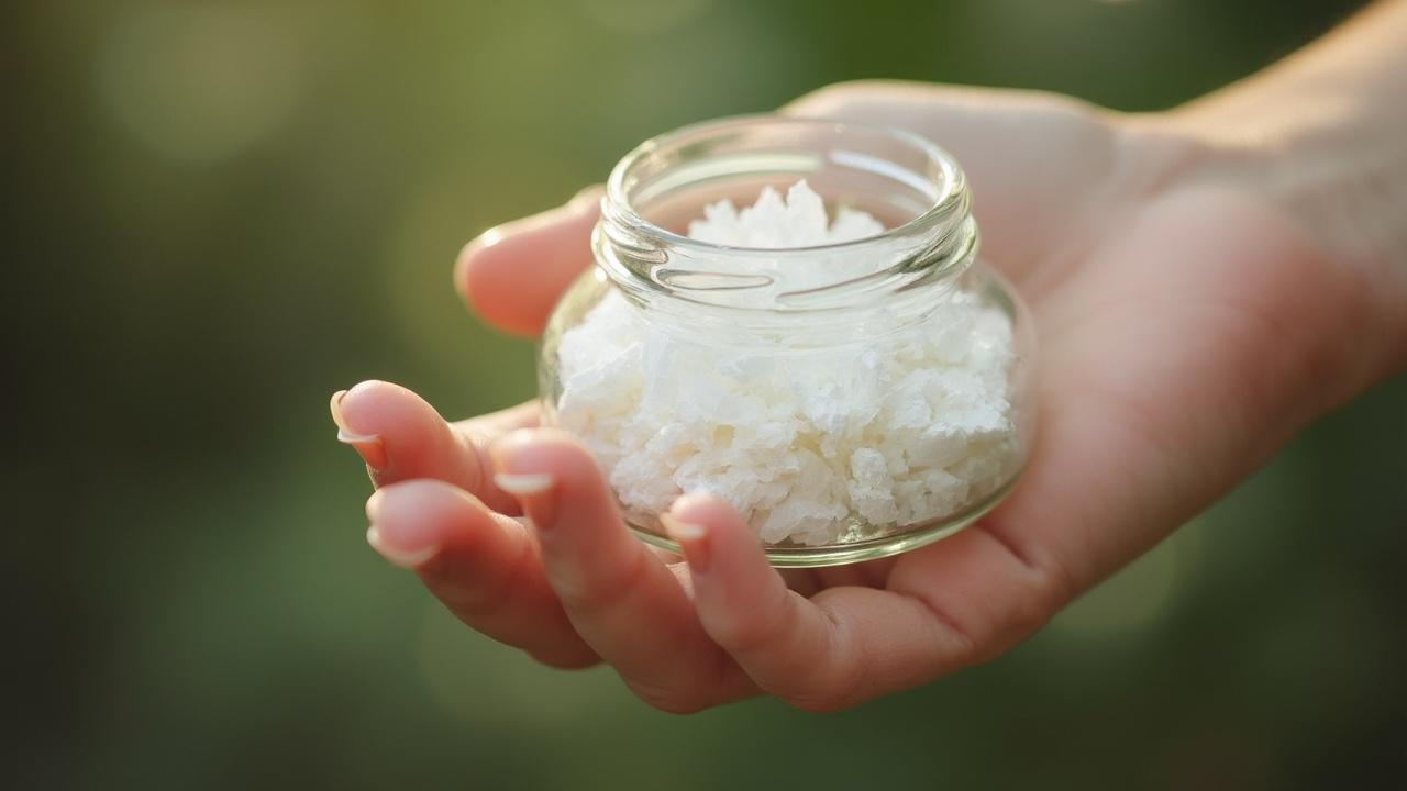 Un bocal en verre rempli de cristaux blancs de sucre dans des mains