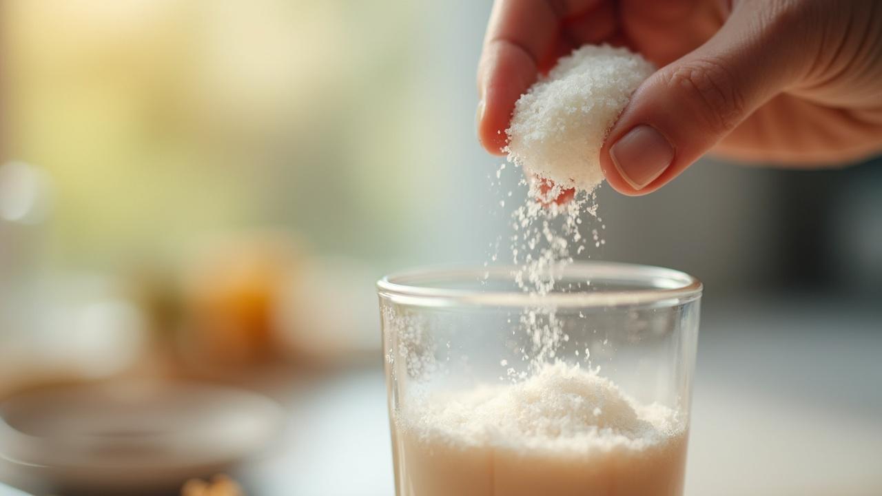 Gros plan sur une main saupoudrant du sucre dans un verre transparent.