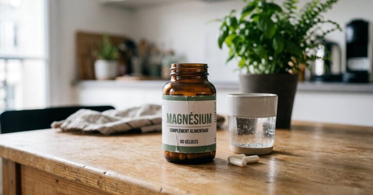 Complément alimentaire magnésium : gélules et comprimés de magnésium sur fond naturel