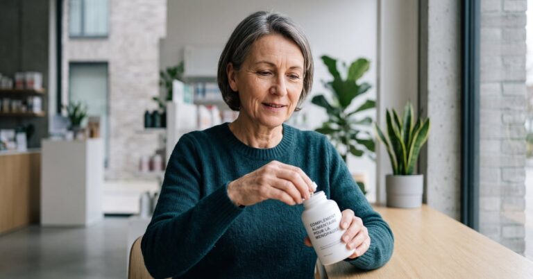 Compléments alimentaires pour la ménopause : gélules, plantes et vitamines naturelles sur une surface moderne
