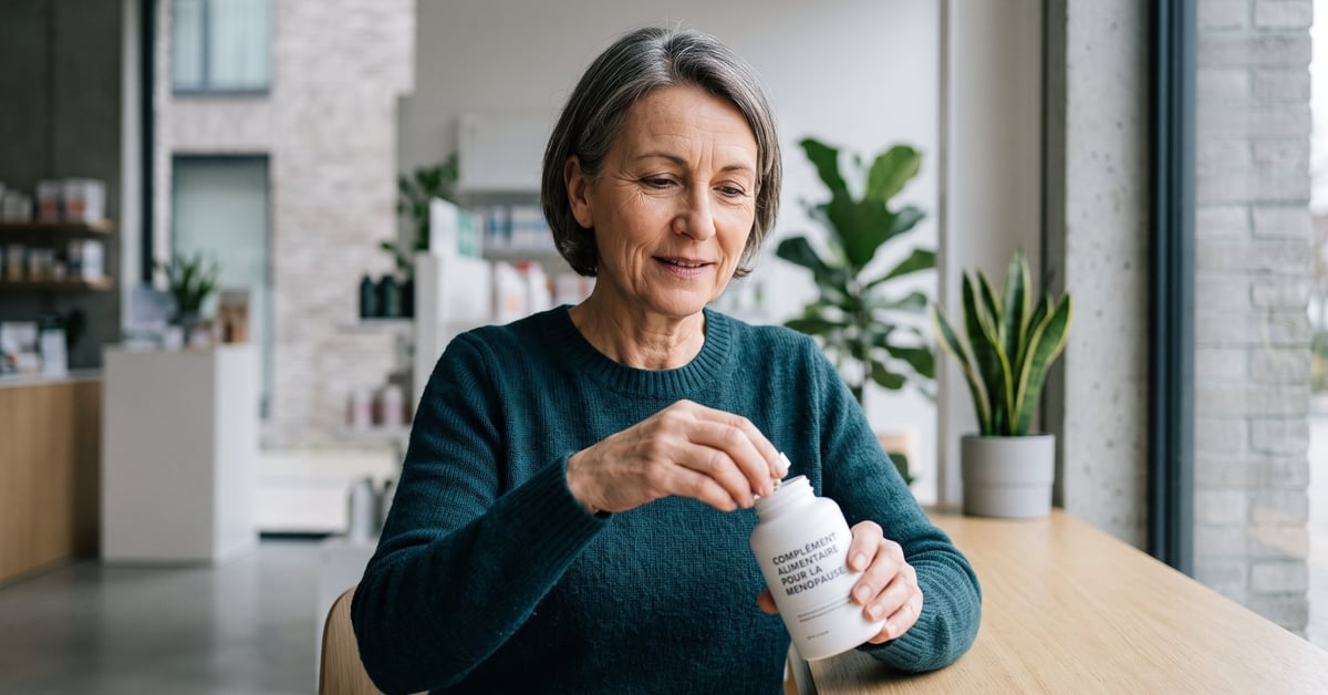 Compléments alimentaires pour la ménopause : gélules, plantes et vitamines naturelles sur une surface moderne