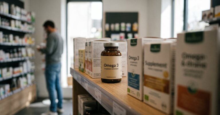 Complément alimentaire oméga 3 en capsules dorées sur fond naturel épuré