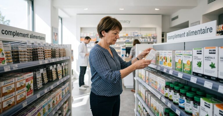 Compléments alimentaires en pharmacie : flacons et gélules sur un comptoir officinal