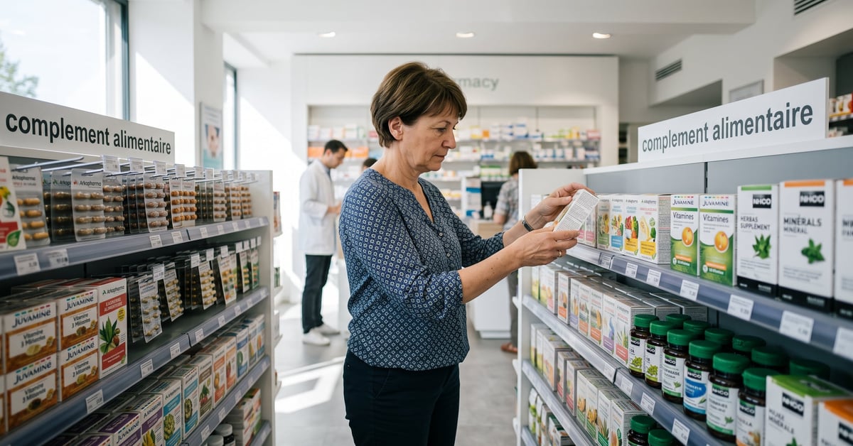 Compléments alimentaires en pharmacie : flacons et gélules sur un comptoir officinal