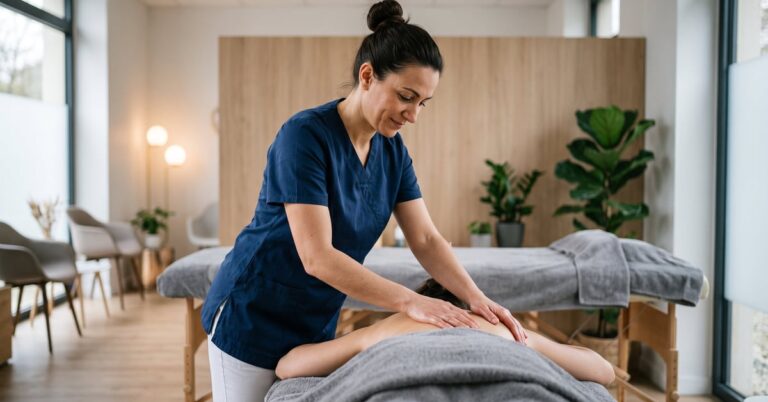 Masseuse bien-être pratiquant un massage relaxant dans un espace zen et lumineux