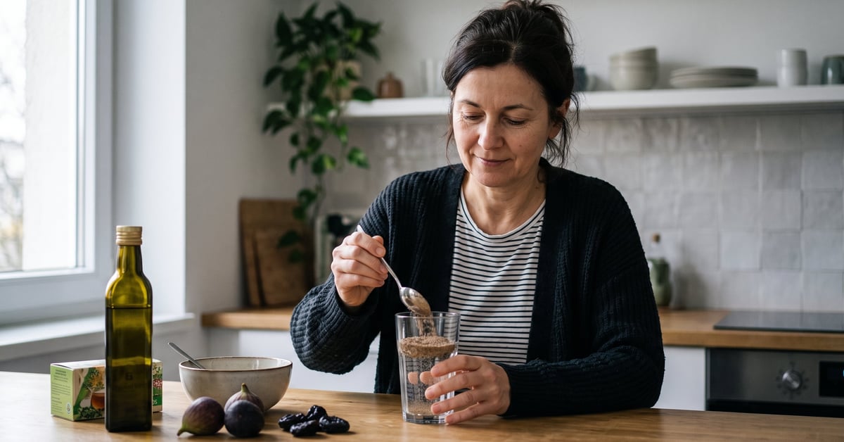 Remède naturel pour la constipation : fruits, légumes et plantes digestives sur fond naturel