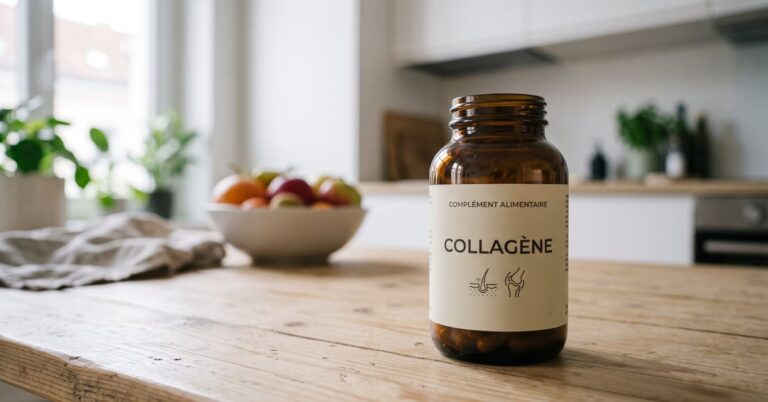 Complément alimentaire collagène en gélules et poudre sur une surface moderne – complement alimentaire collagène