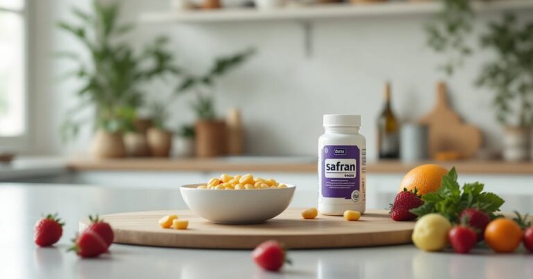 Complément alimentaire au safran en capsules avec filaments de safran frais sur fond naturel
