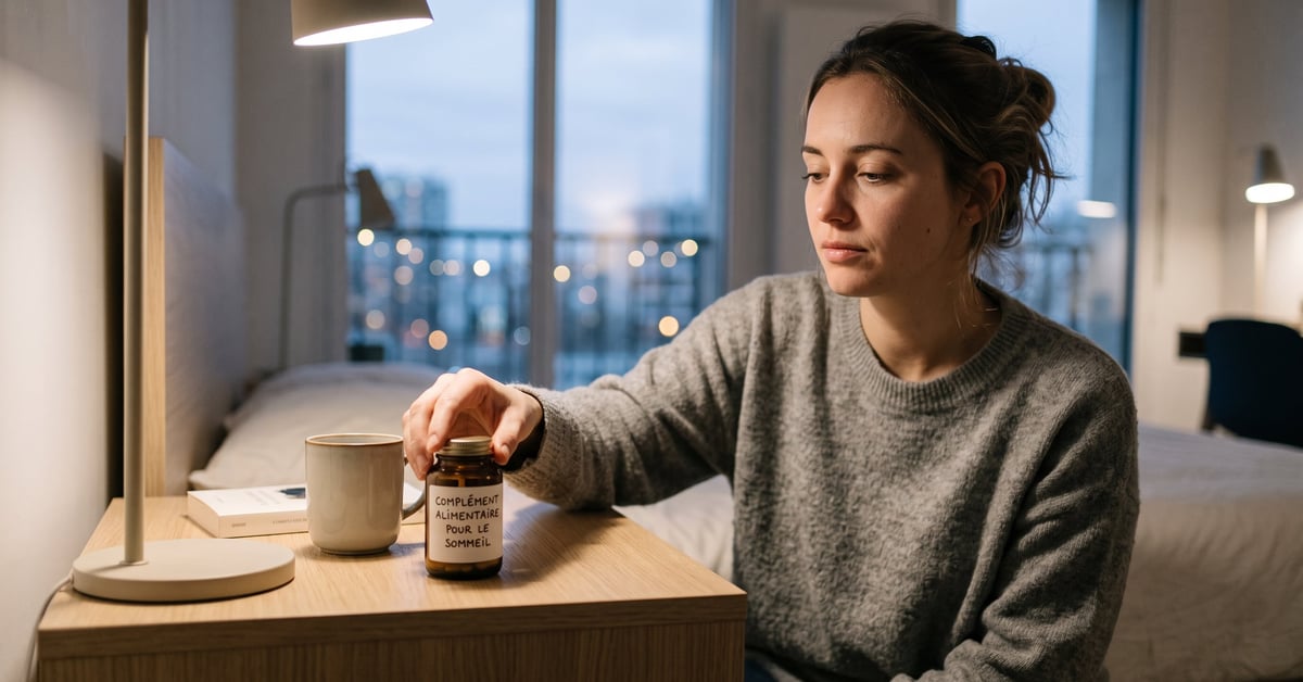 Compléments alimentaires pour le sommeil : mélatonine et plantes naturelles sur une table de nuit