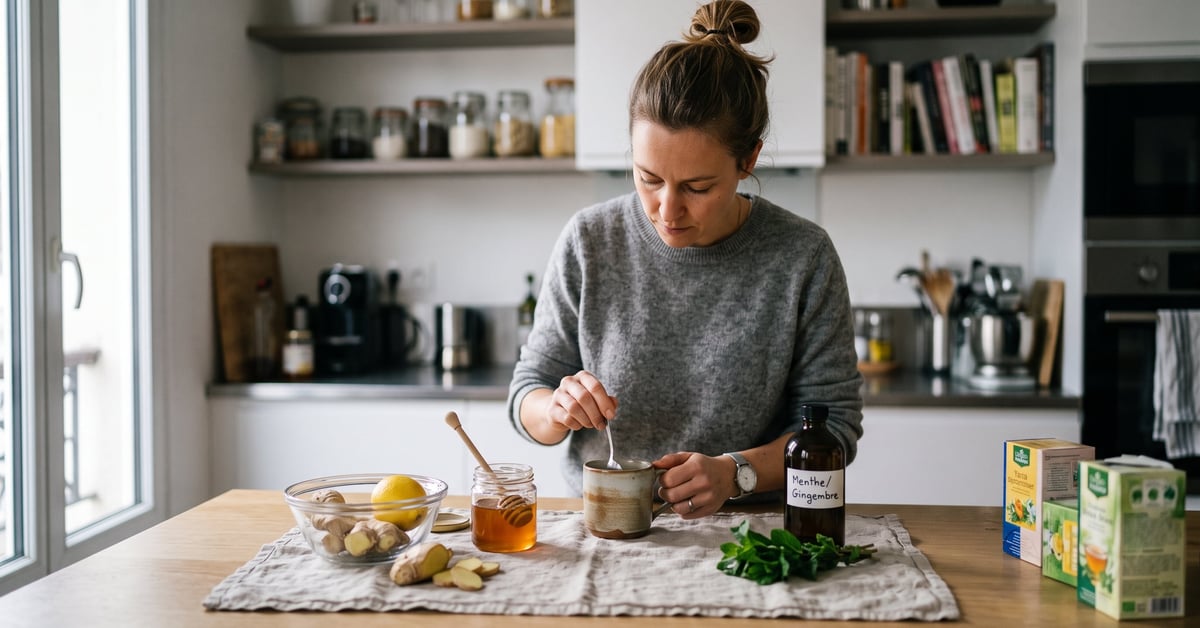 Remède naturel gastro : gingembre, menthe et citron sur une table en bois pour soulager la gastro-entérite